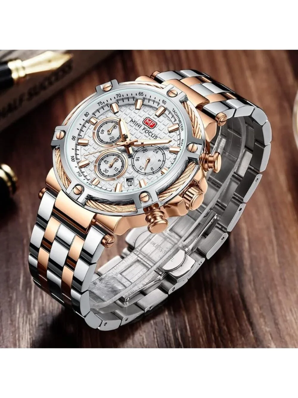 Mens Silver Rose Gold Stainless Steel Band Chronograph Waterproof Luminous Watch